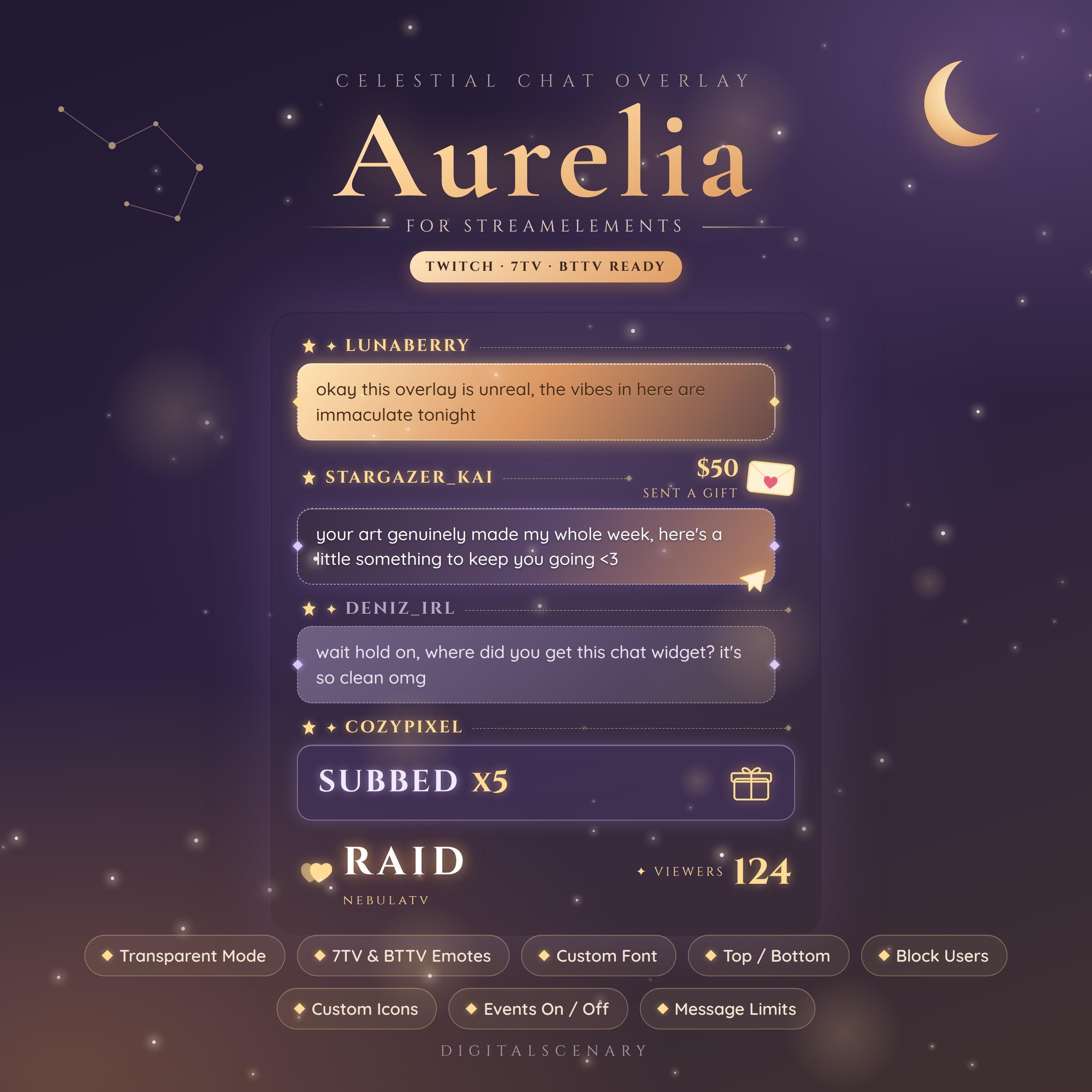 Aurelia Celestial Chat Overlay for Twitch Streamers — animated chatbox widget preview