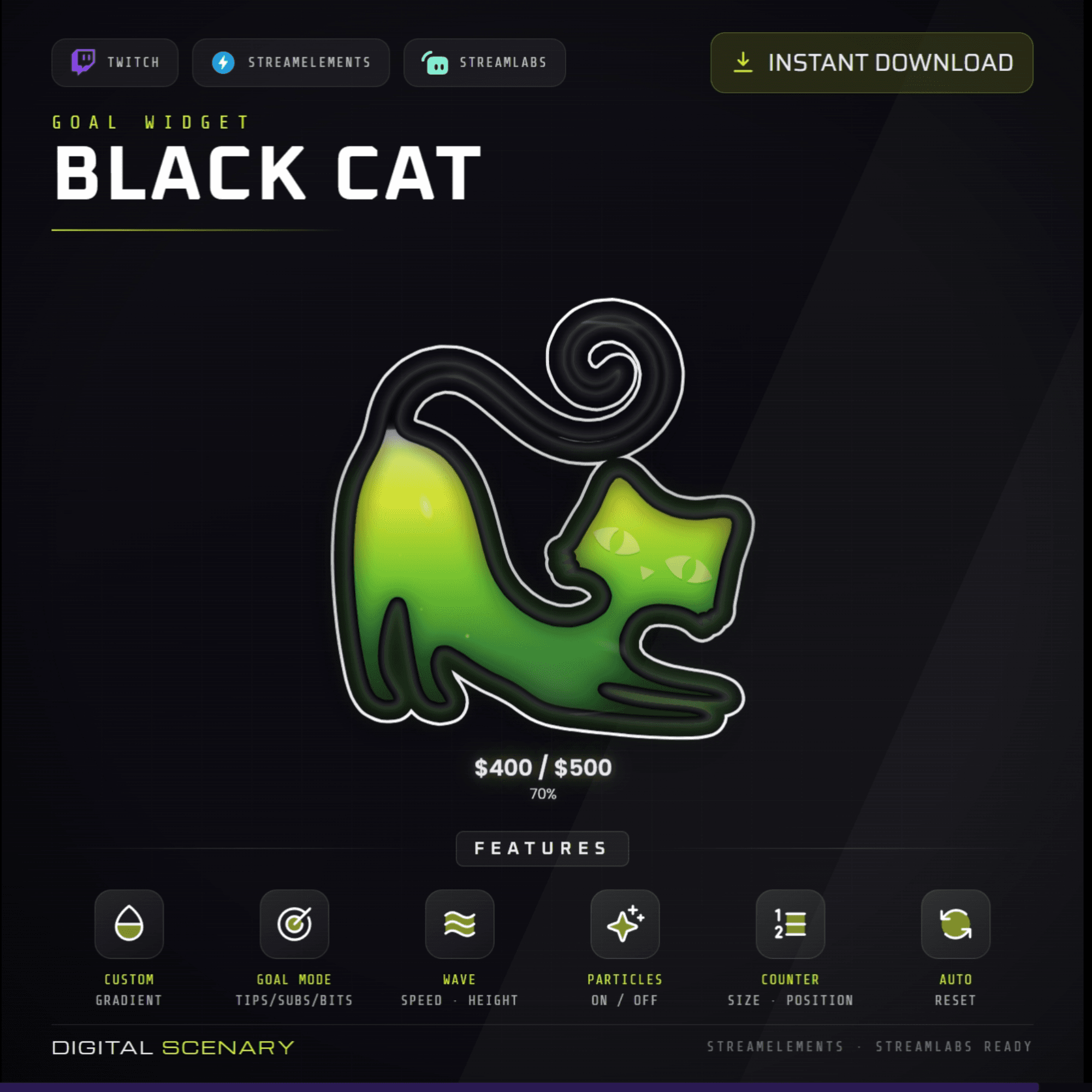 Black Cat Liquid Goal Widget for Twitch, Kick & YouTube