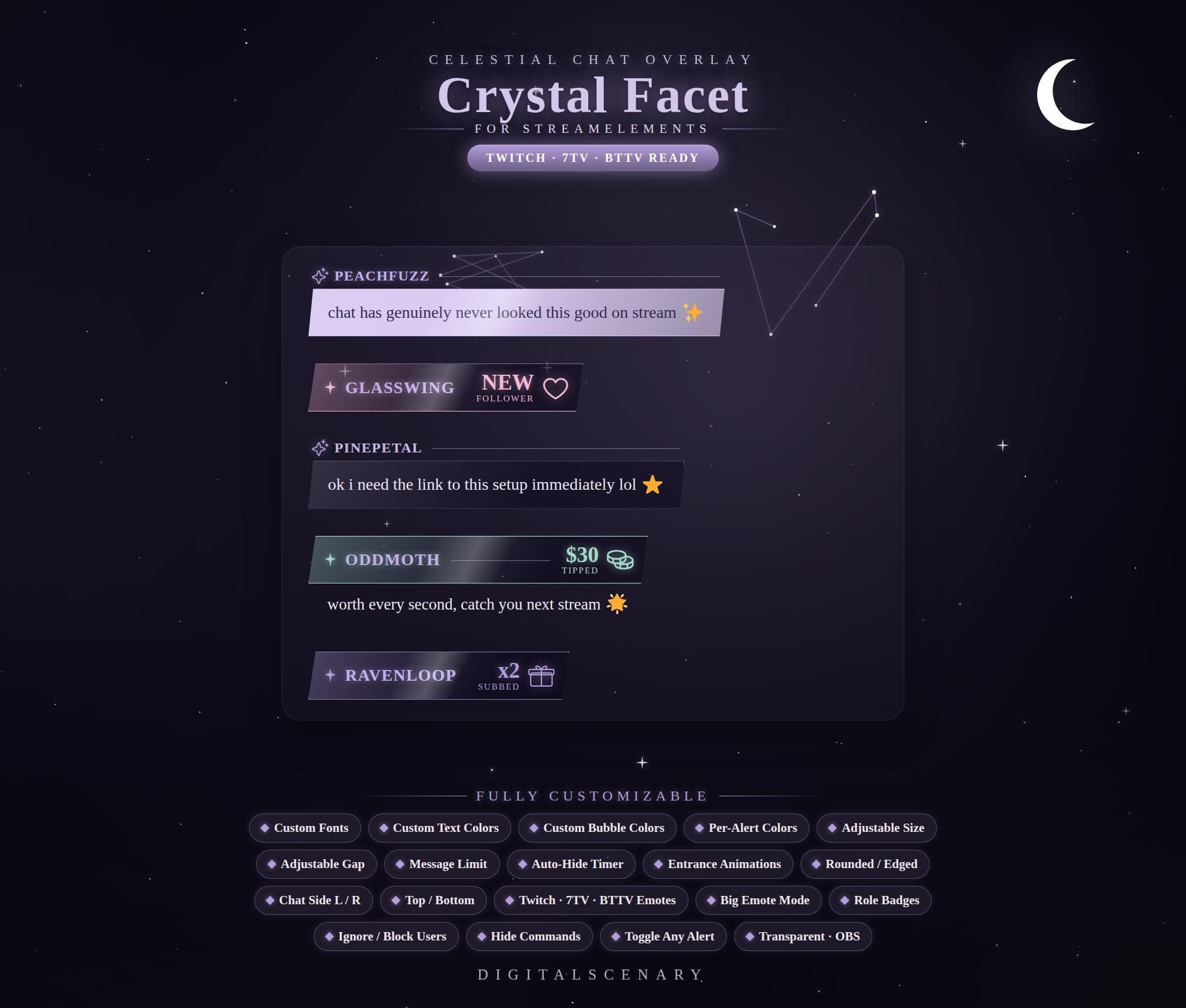 Celestial Crystal Facet Animated Twitch Chat Overlay