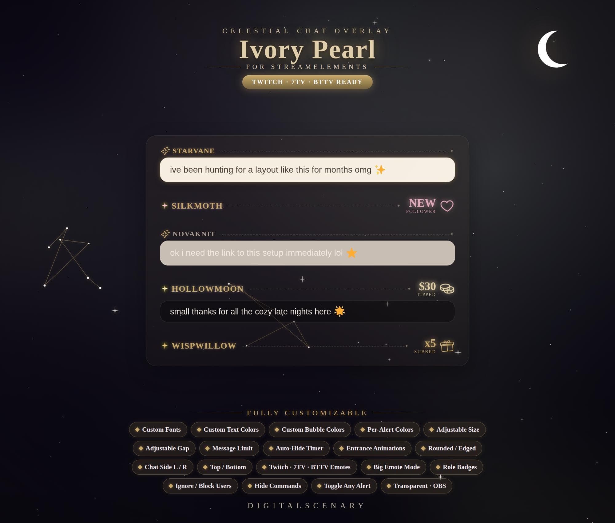 Celestial Ivory Pearl Animated Chat Box Overlay for Twitch