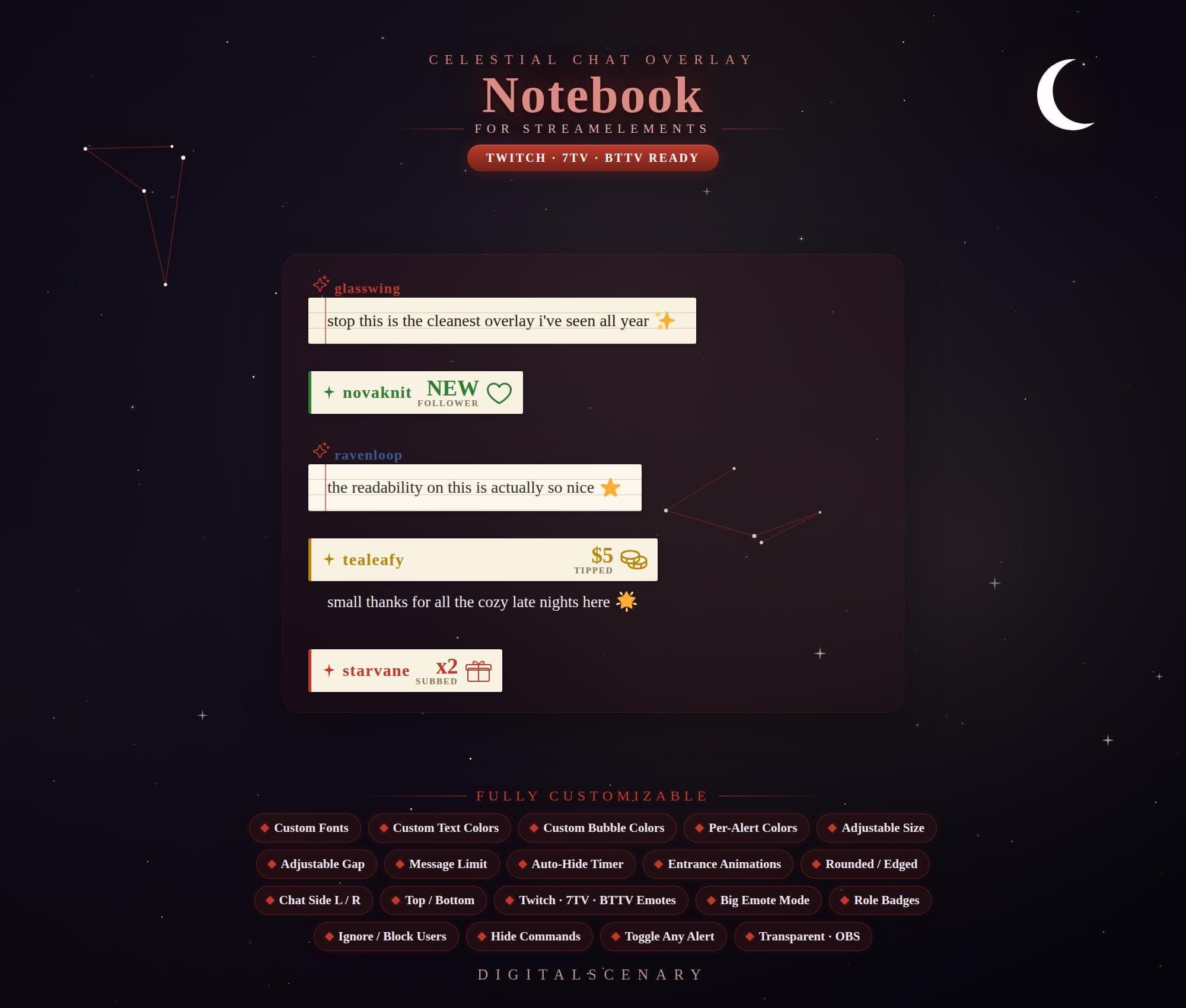 Celestial Notebook Chat Overlay for Twitch & Kick