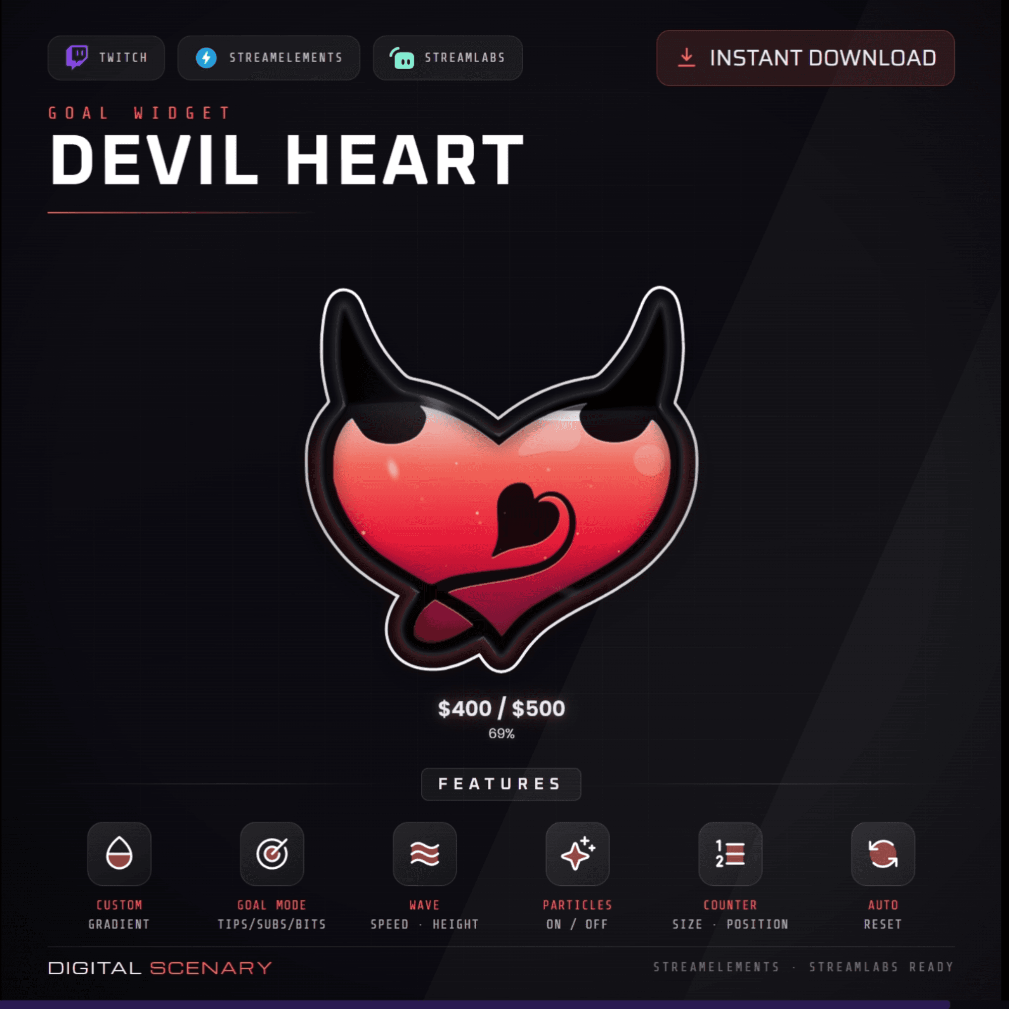 Devil Heart Liquid Goal Widget for Twitch, Kick & YouTube