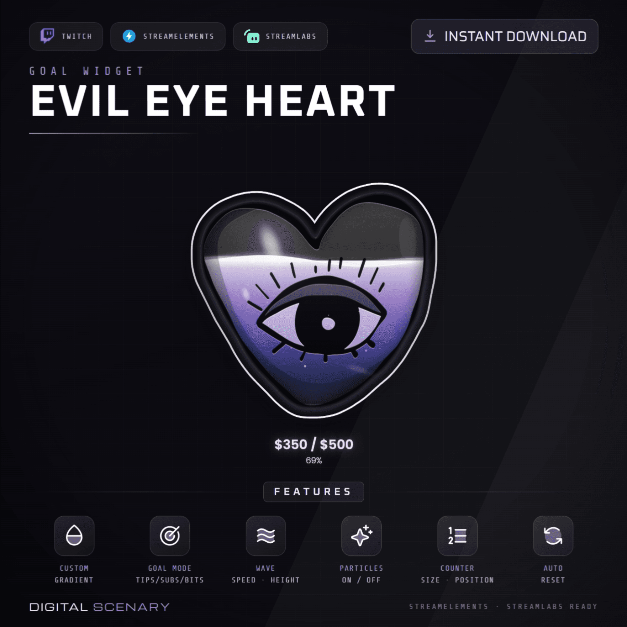 Evil Eye Heart Liquid Donation Goal Widget for Twitch