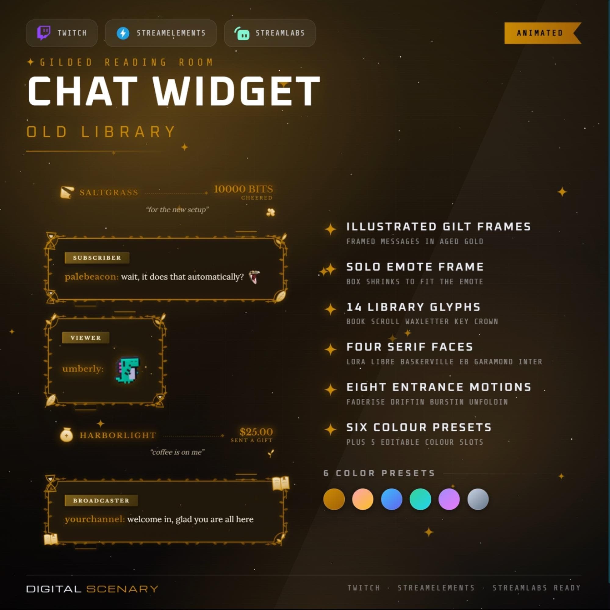 Gilded Old Library Animated Chat Widget for Twitch