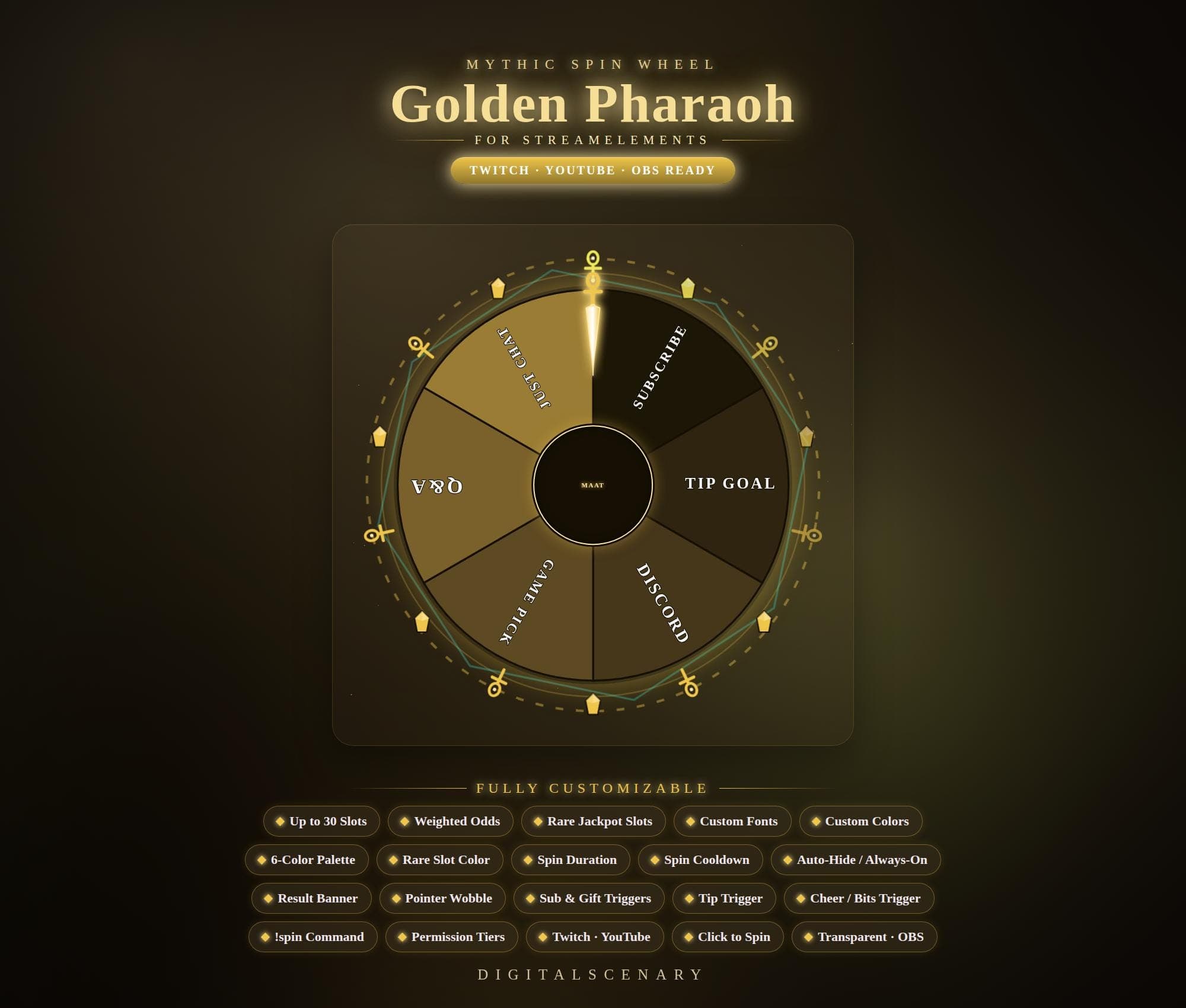 Golden Pharaoh Spin Wheel Overlay for Twitch, YouTube, OBS
