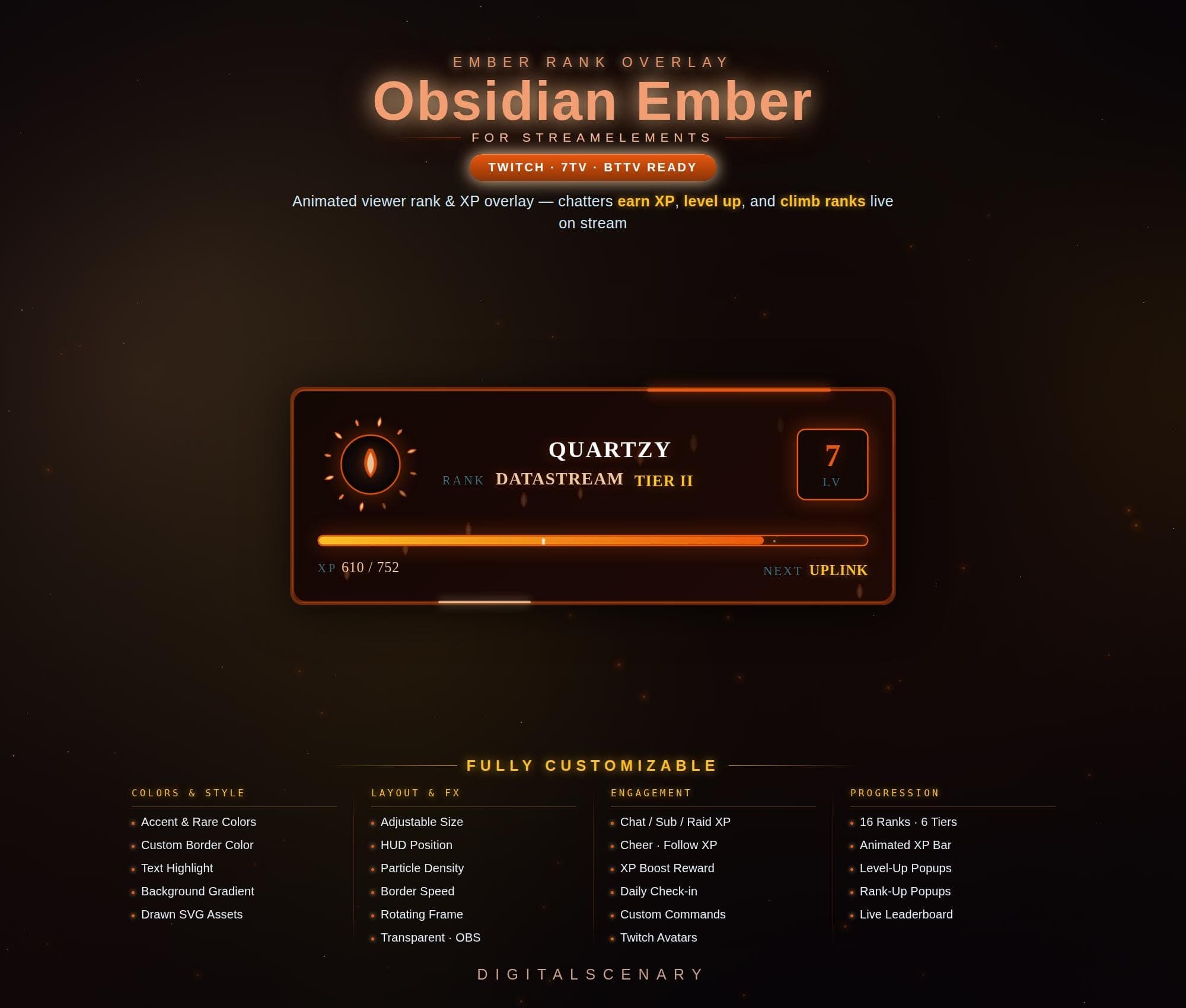 Obsidian Ember Animated Rank & XP Overlay for Twitch