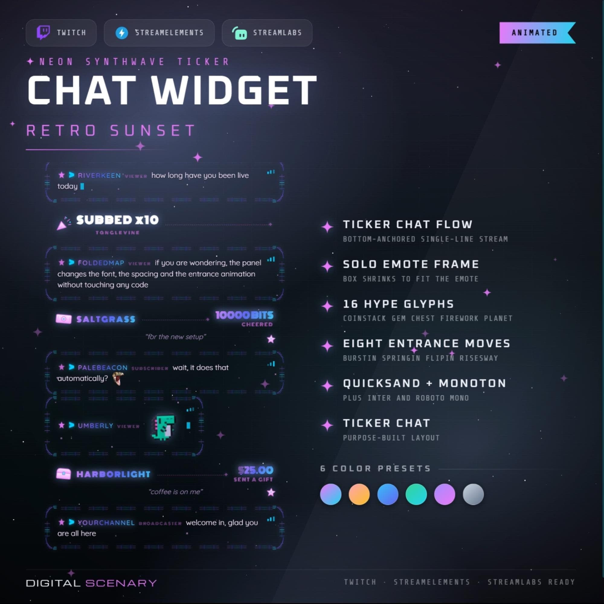 Retro Sunset Neon Synthwave Chat Widget for Twitch