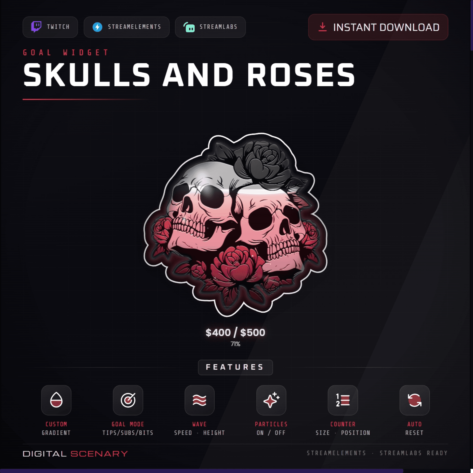 Skulls and Roses Liquid Goal Widget for Twitch & Kick