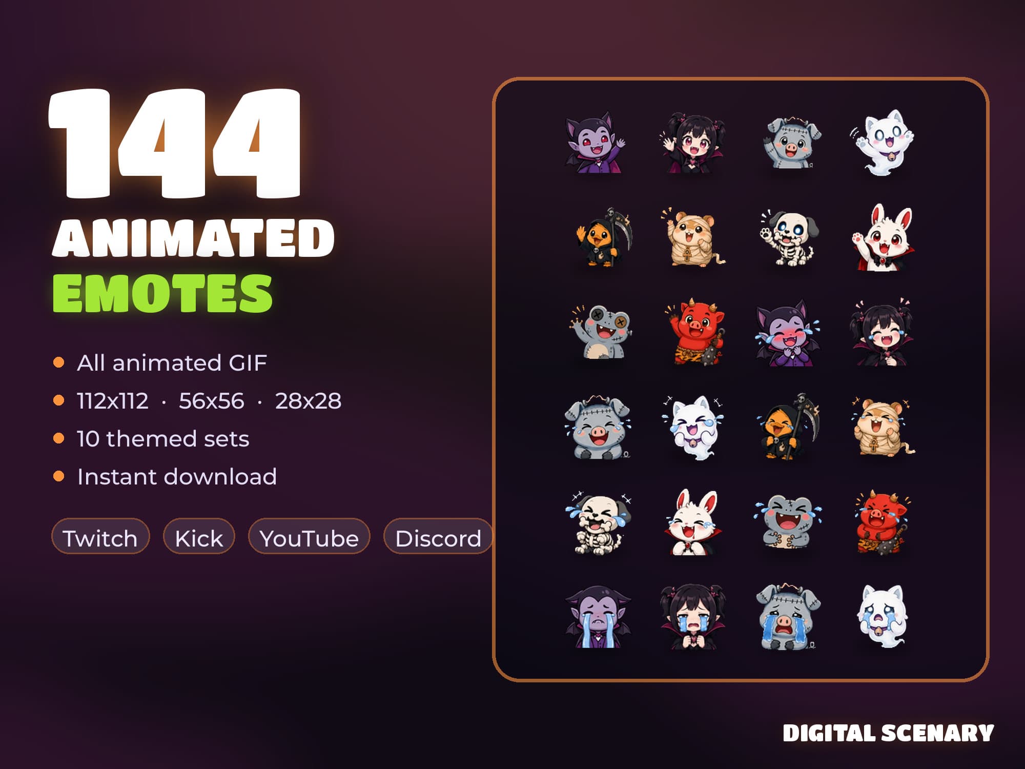 144 Spooky Halloween Animated Emote Pack for Twitch & Kick
