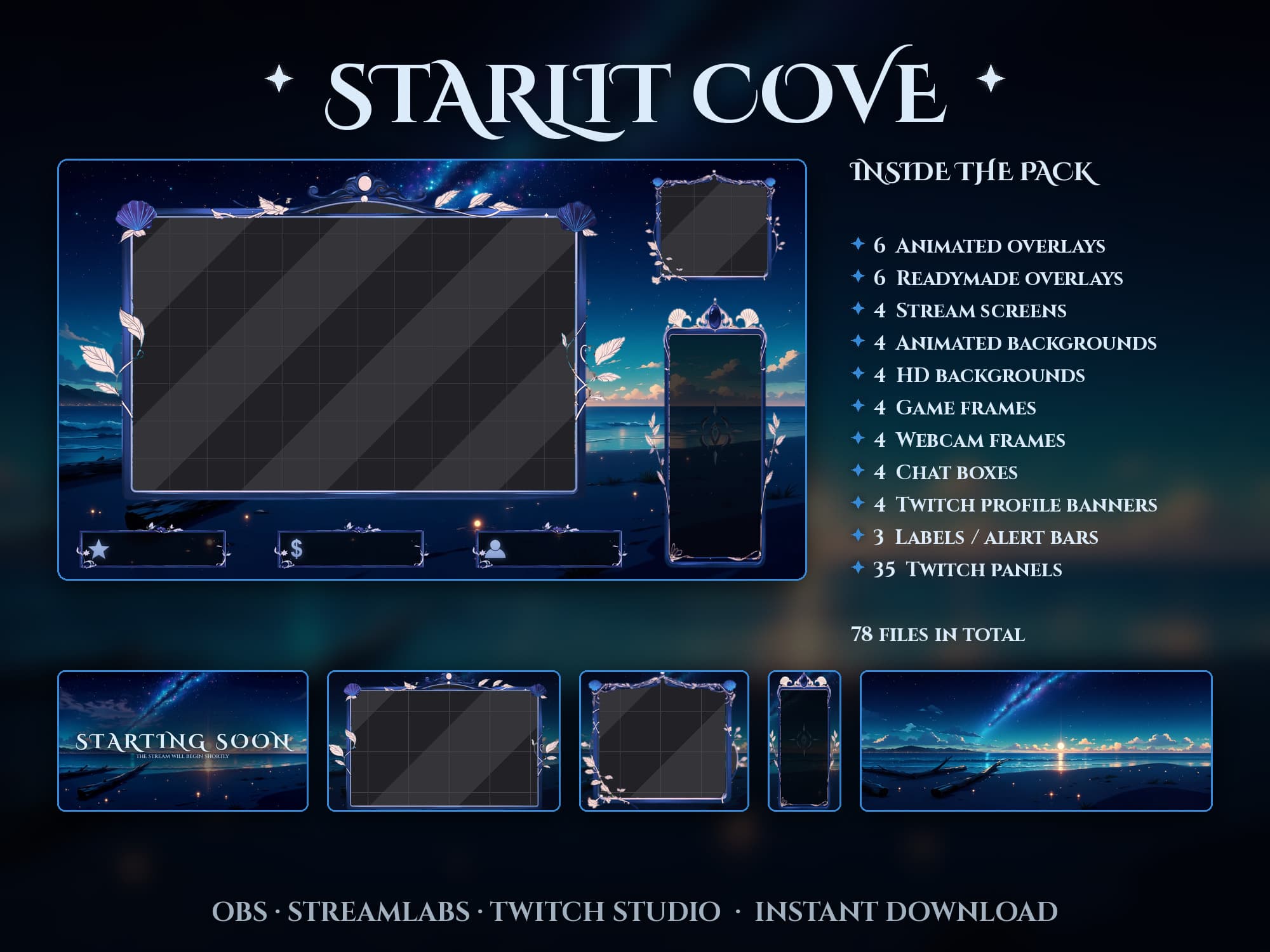 Starlit Cove Twitch Overlay Pack — Moonlit Beach Scene