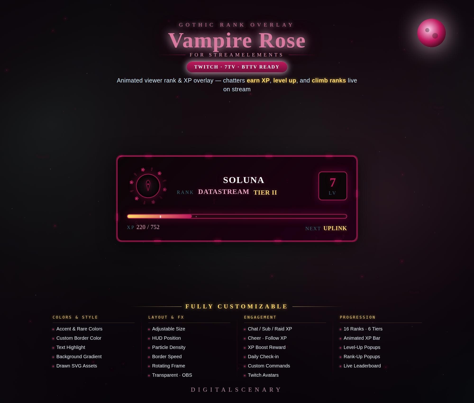Vampire Rose Gothic Rank Overlay for Twitch XP Progress