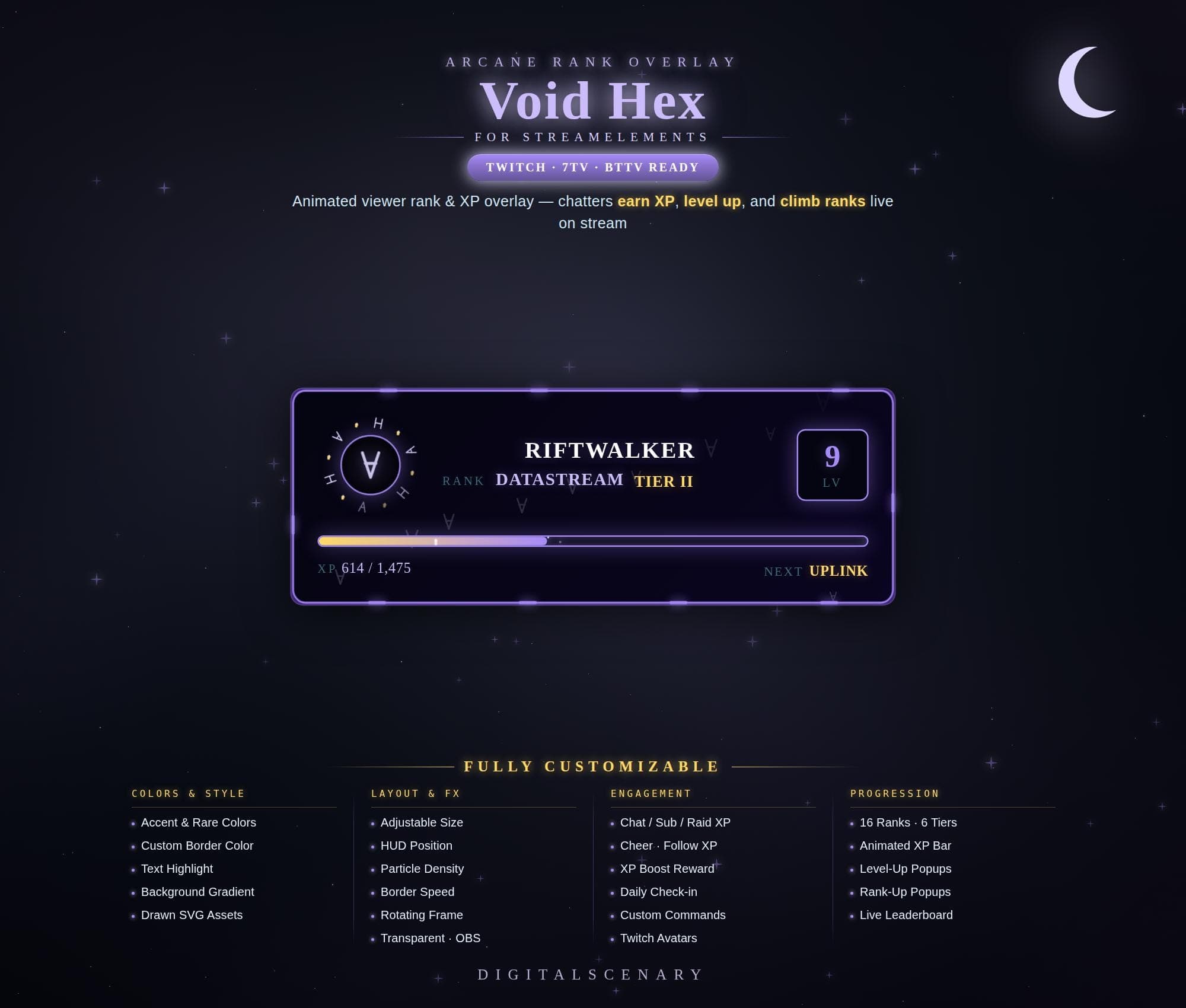 Void Hex Twitch XP Overlay — Animated Rank Progression